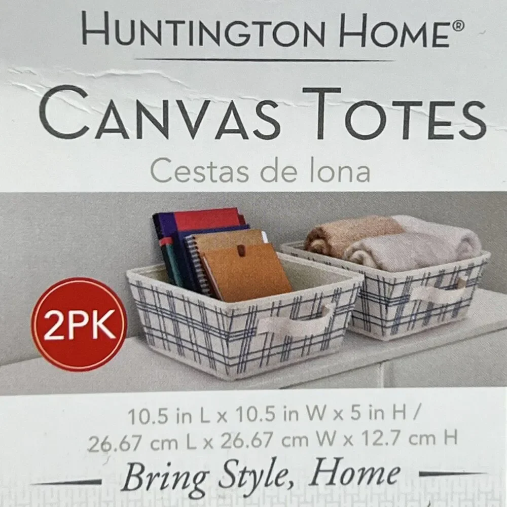 Aldi Huntington Home Canvas Totes 2PK Beige Storage Baskets Plaid Handles Small